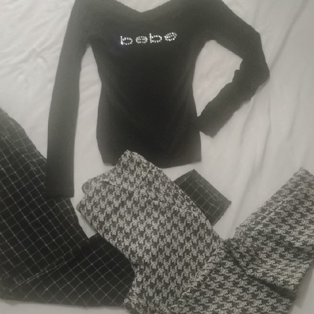 Bebe Black Top with Houndstooth and Plaid Pants